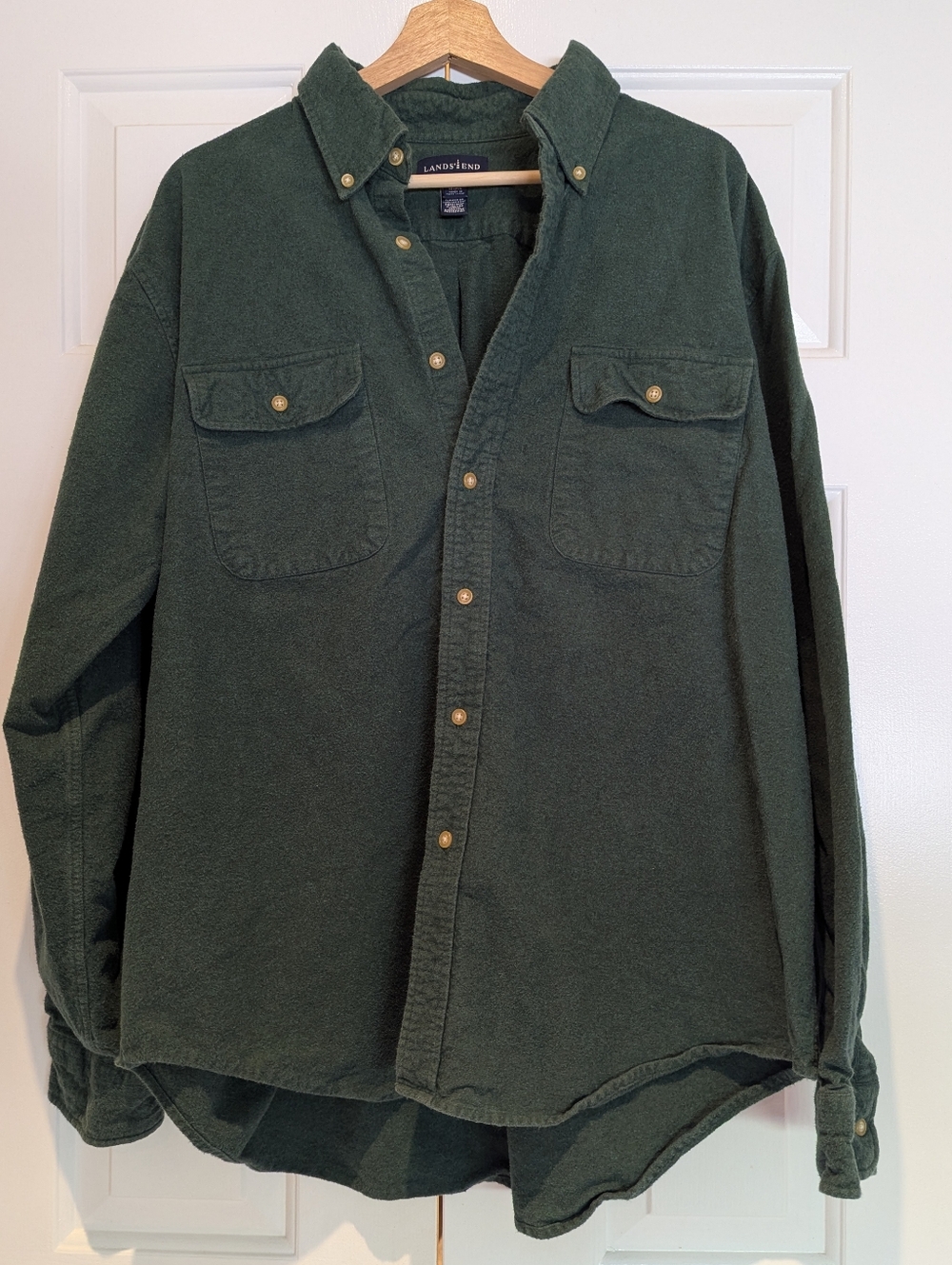 Lands' End Dark Forest Green Button Down Cotton Shirt Jacket 90s Grunge Unisex
